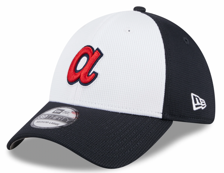 Mens New Era Atlanta Braves White/Navy 2024 Batting Practice 39Thirty Flex Fit Cap - Pro Jersey Sports