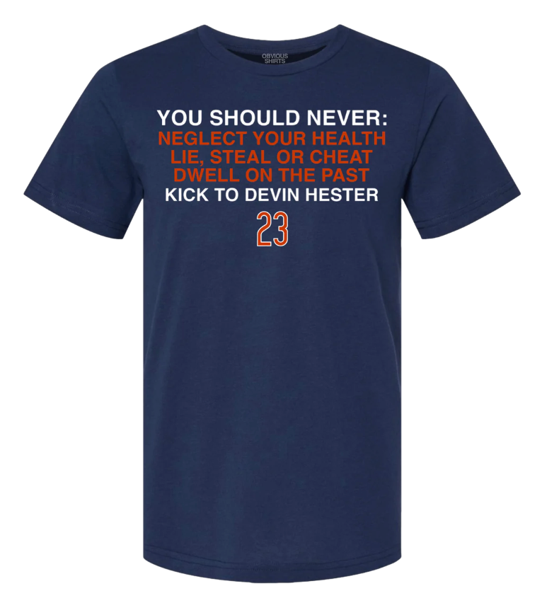 Men's You Should Never Kick To Devin Hester By Obvious Shirts Navy Tee - Pro Jersey Sports