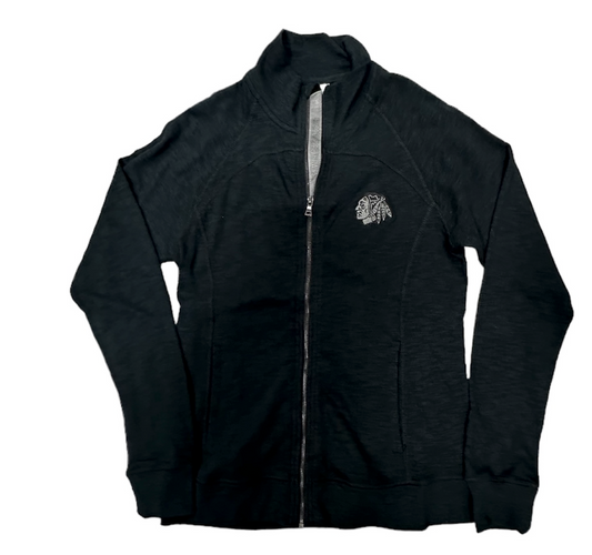 Women's Chicago Blackhawks Full Zip Black Down The Middle Faux Show Text Crew Jacket - Pro Jersey Sports
