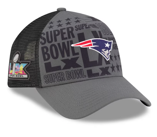 Men's New England Patriots New Era Charcoal Super Bowl LX 9FORTY A-Frame Trucker Adjustable Hat - Pro Jersey Sports