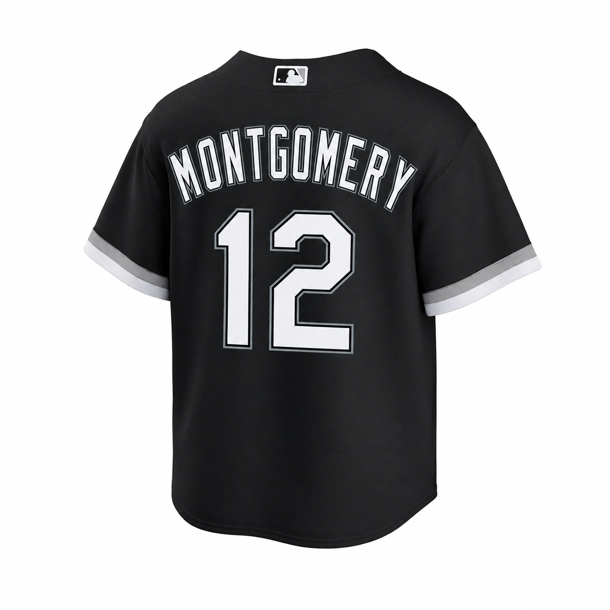 Black short-sleeve baseball jersey shown from the back, featuring 'MONTGOMERY' and the number '12' in white with black outlines, plus white sleeve trim. A small MLB logo is visible at the collar.