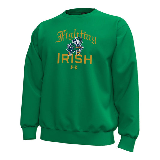 Men's Notre Dame Fighting Irish Green Under Armor Football Leprechaun Logo Fleece Crew