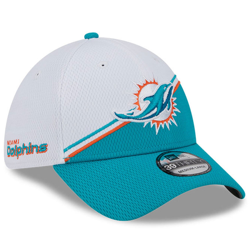 Men's Miami Dolphins Primary Logo New Era White/Aqua 2023 Sideline 39THIRTY Flex Hat - Pro Jersey Sports