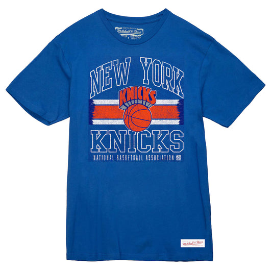 New York Knicks Mitchell & Ness Striped Logo Lockup Premium T-Shirt - Royal