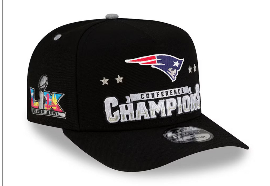 New England Patriots New Era 2025 AFC Champions Locker Room Trophy Collection A-Frame 9FIFTY Snapback Hat - Black - Pro Jersey Sports