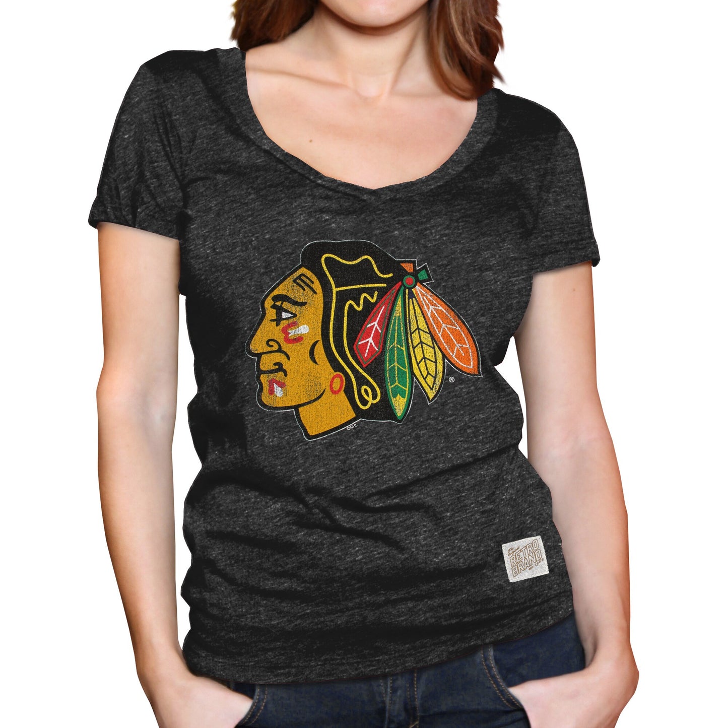 Women's Chicago Blackhawks Original Retro Brand Black Mock Twist Tri-Blend Scoop Neck T-Shirt - Pro Jersey Sports