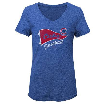 Girls Youth Chicago Cubs Banner Wave Triblend V-Neck Tee - Pro Jersey Sports