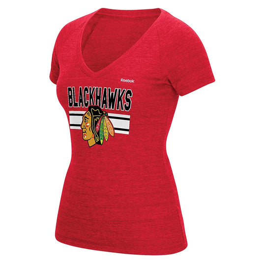 Women's Chicago Blackhawks Reebok Red Bevel Stacked V-Neck Tee - Pro Jersey Sports