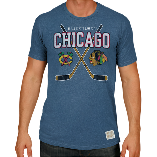 Men’s NHL Chicago Blackhawks Heather Blue Cross Sticks Tee By Retro Brand - Pro Jersey Sports