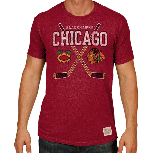 Men’s Chicago Blackhawks NHL Heather Red Cross Sticks Tee By Retro Brand - Pro Jersey Sports