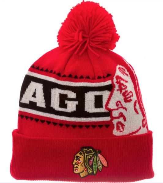 Chicago Blackhawks Youth Red Faceoff Cuffed Knit Pom - Pro Jersey Sports