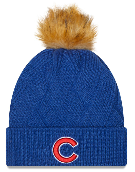 Women's Chicago Cubs New Era Royal Snowy Cuffed Knit Hat with Pom - Pro Jersey Sports