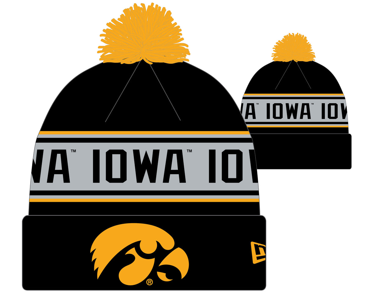 Iowa Hawkeyes NCAA New Era Black Repeat Cuffed Pom Knit Hat - Pro Jersey Sports