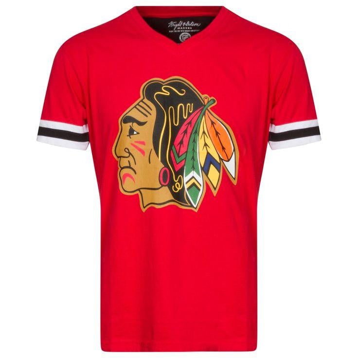 Mens Chicago Blackhawks 1970's Logo Hat Trick V Neck Tee - Pro Jersey Sports