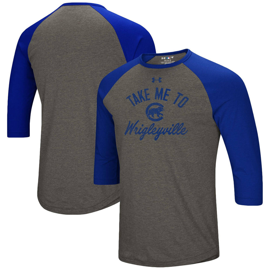 Men's Chicago Cubs Under Armour Heathered Gray/Royal Heritage Tri-Blend Raglan 3/4- Sleeve T-Shirt - Pro Jersey Sports