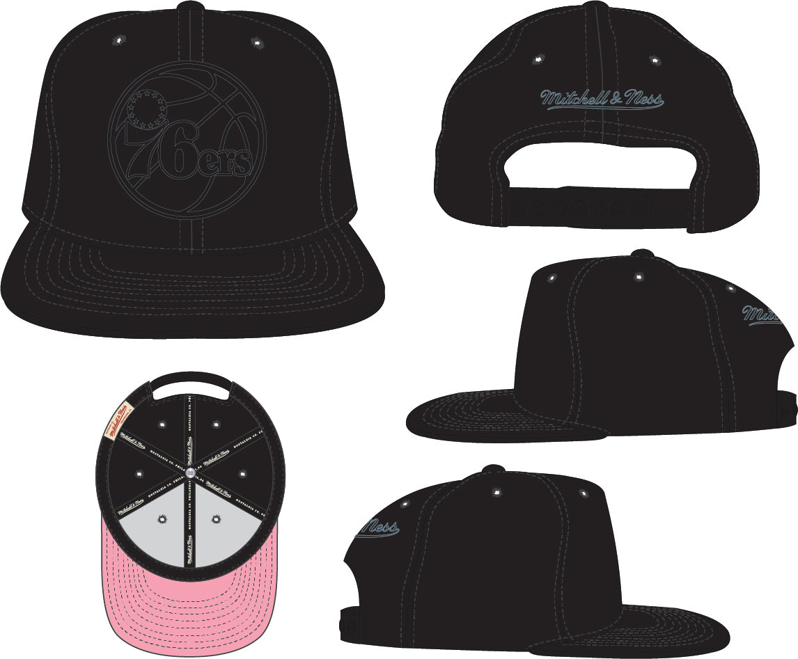 Philadelphia 76ers Mitchell & Ness Tonal Black Pink Moon Snapback Hat - Pro Jersey Sports