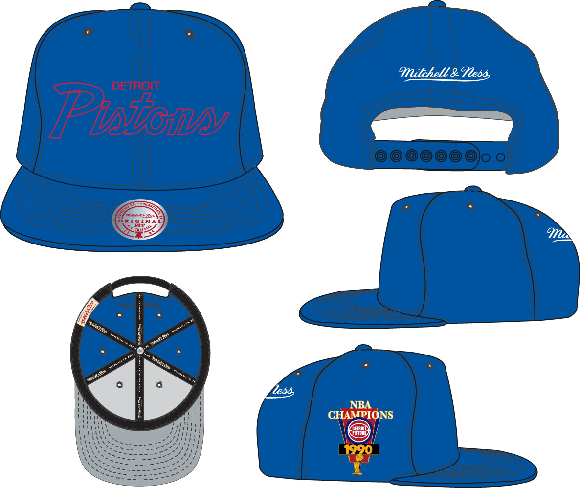 Men's Detroit Pistons Hardwood Classics Mitchell & Ness Script Champ Year Trophy Royal Snapback Hat - Pro Jersey Sports