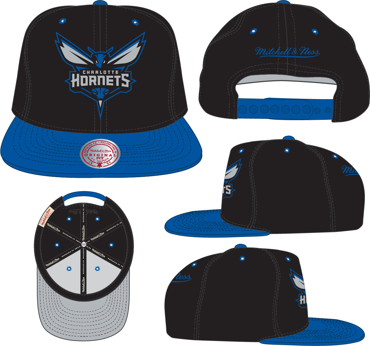 Men's Charlotte Hornets Mitchell & Ness NBA Black Royality Snapback Hat - Pro Jersey Sports