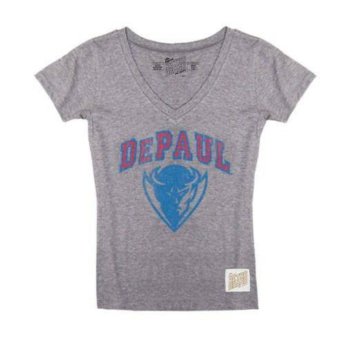 Women's NCAA DePaul Blue Demons Gray Triblend Retro Brand V-Neck Tee - Pro Jersey Sports
