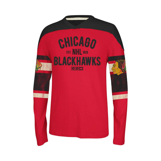 Chicago Blackhawks Long Sleeve CCM Applique Crew Neck Tee-Red - Pro Jersey Sports
