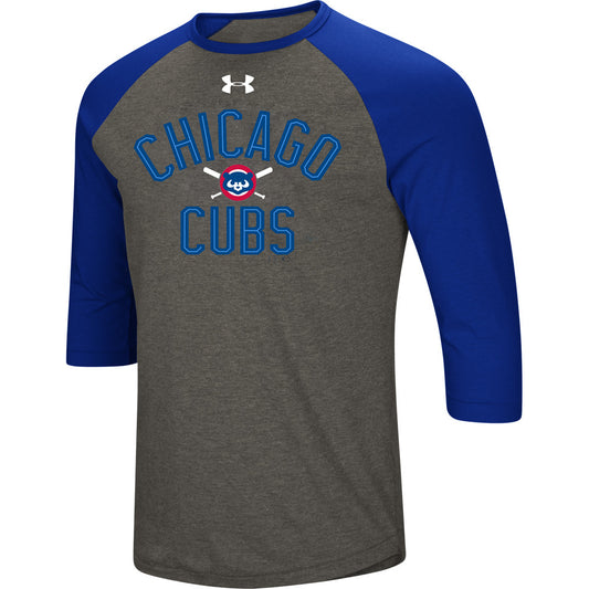 Men's Chicago Cubs Under Armour Heathered Gray/Light Blue Tri-Blend Cooperstown Crossed Bats 3/4-Sleeve Raglan Performance T-Shirt