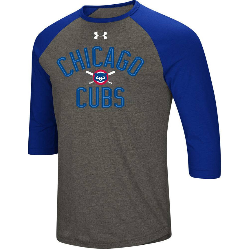 Men's Chicago Cubs Under Armour Heathered Gray/Light Blue Tri-Blend Cooperstown Crossed Bats 3/4-Sleeve Raglan Performance T-Shirt - Pro Jersey Sports