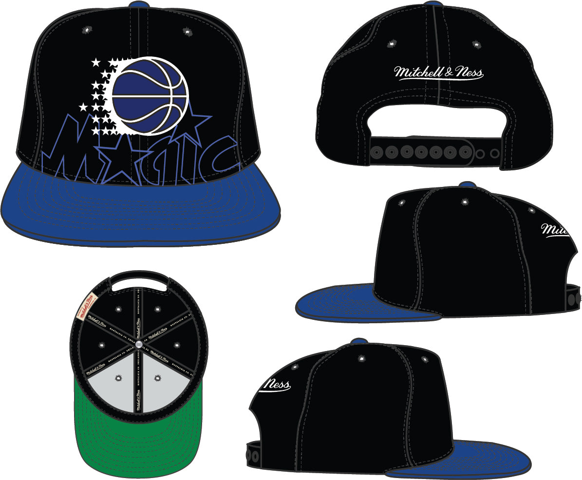 Men's Orlando Magic Mitchell & Ness 2 Tone Black and Royal Low Big Face Hardwood Classics Snapback Hat - Pro Jersey Sports