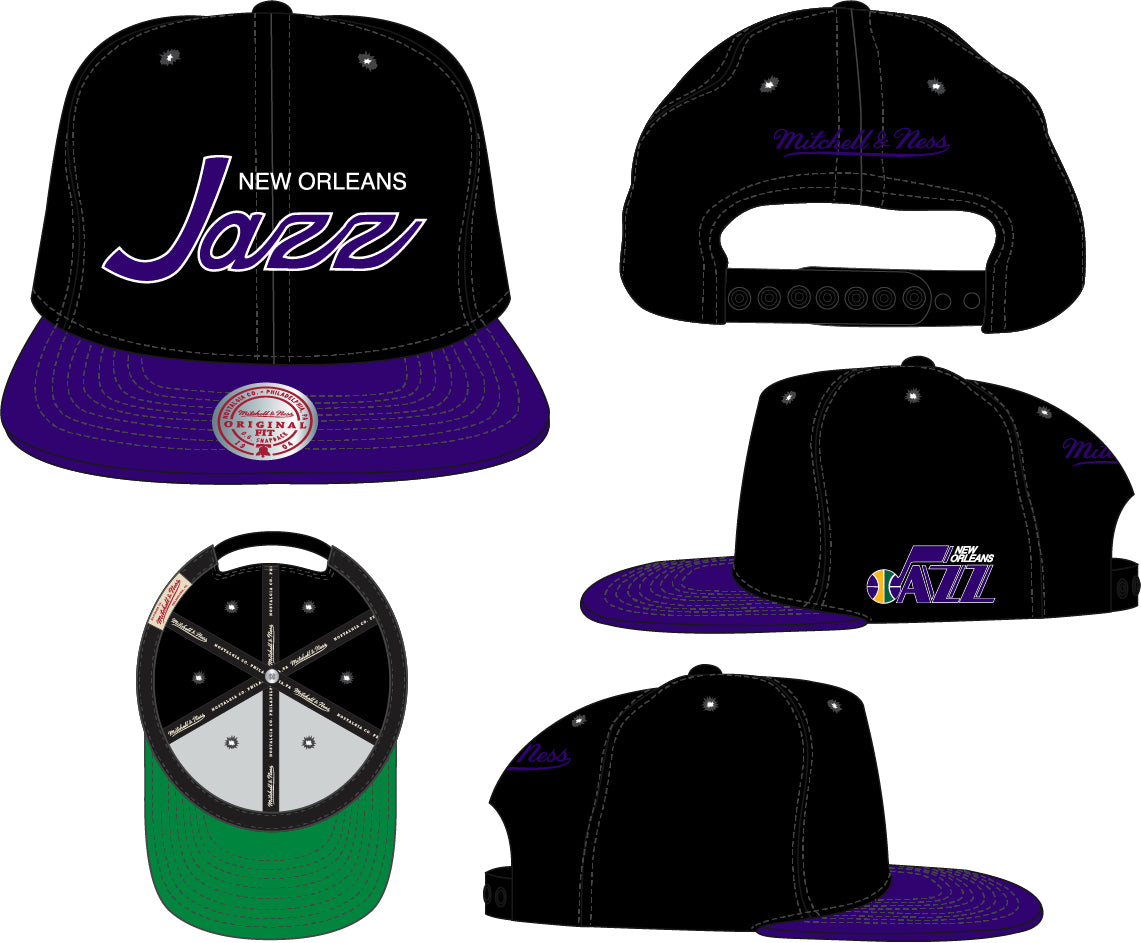 New Orleans Jazz Hardwood Classics Team Script 2.0 2 Tone Black/Purple Mitchell & Ness Snapback Hat - Pro Jersey Sports