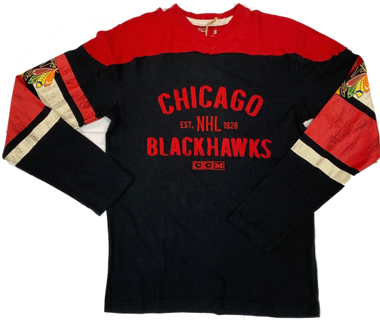 Chicago Blackhawks L/S Applique Crew Neck Tee-Black - Pro Jersey Sports