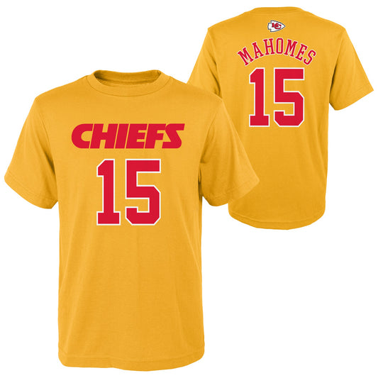 Youth Kansas City Chiefs Patrick Mahomes Gold Mainliner Player Name & Number T-Shirt - Pro Jersey Sports