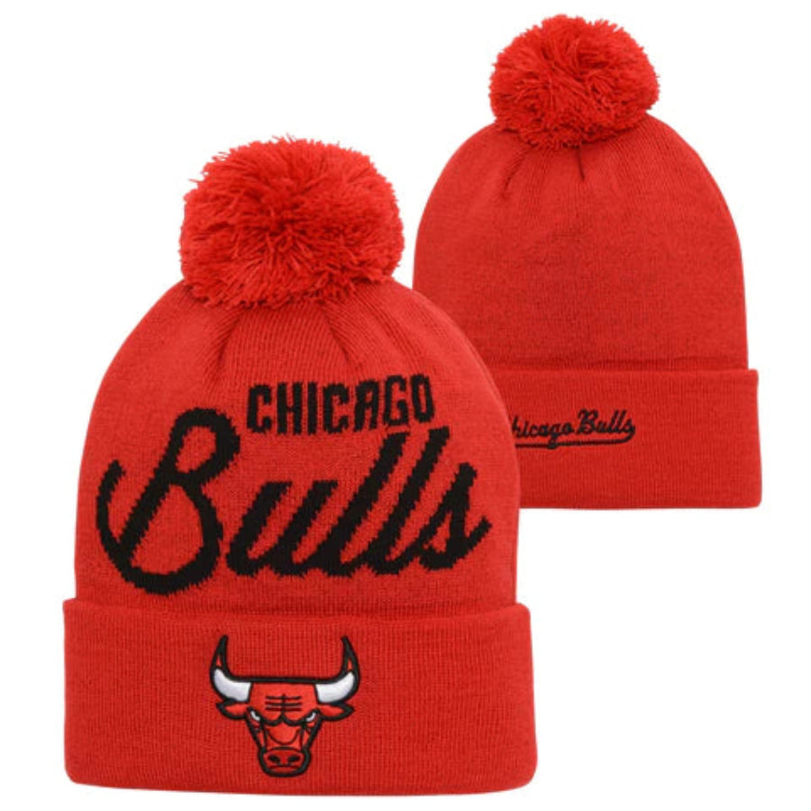 Youth Chicago Bulls NBA Red Retro Script Cuffed Pom Knit Hat - Pro Jersey Sports