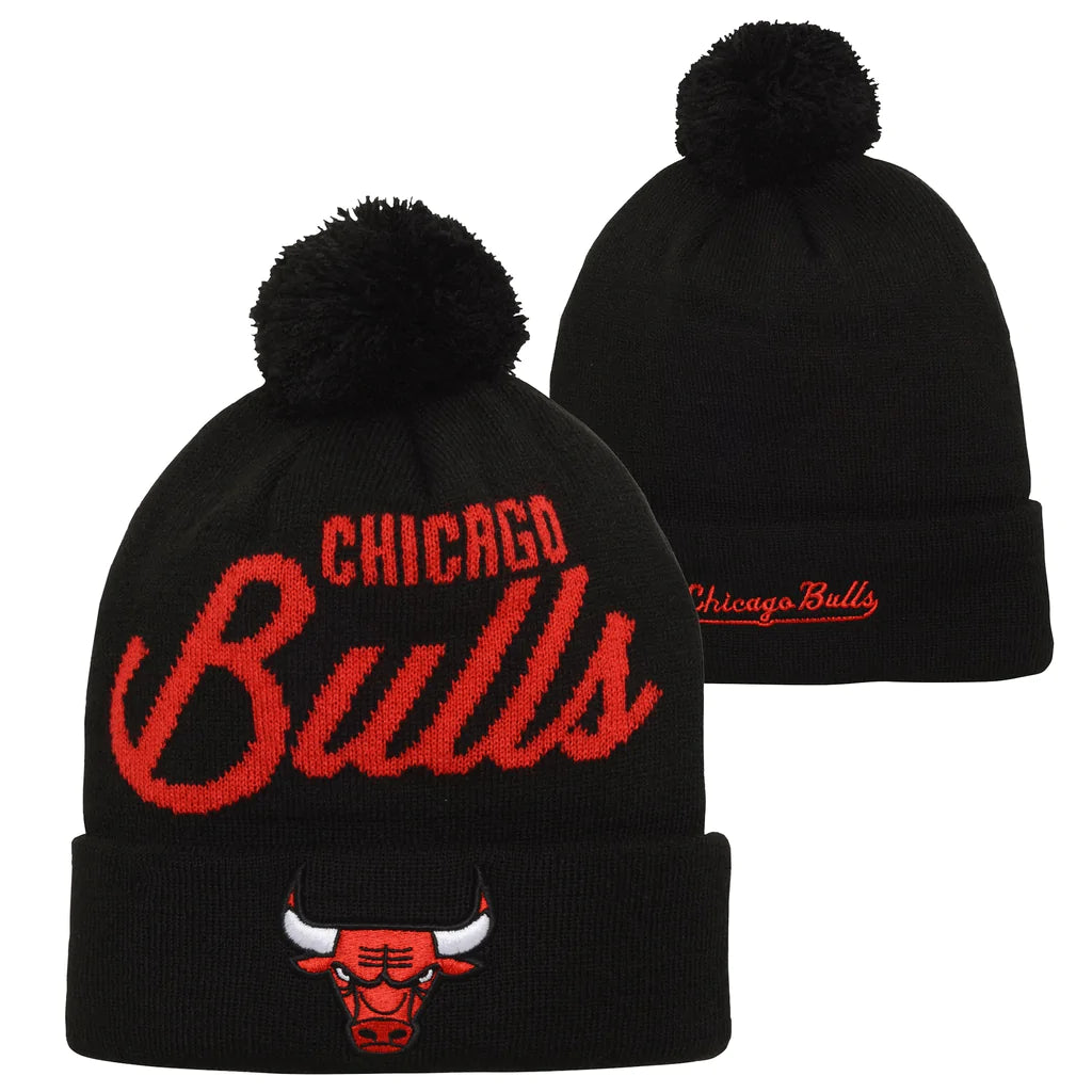 Youth Chicago Bulls NBA Black Retro Script Cuffed Pom Knit Hat - Pro Jersey Sports