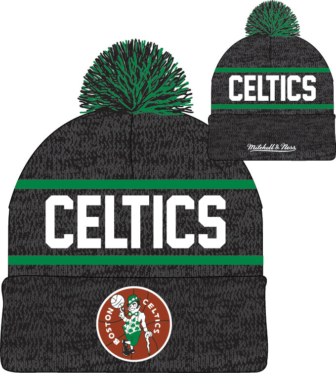 Boston Celtics Mitchell & Ness NBA Reload 2.0 Gray Cuffed Pom Knit Hat - Pro Jersey Sports