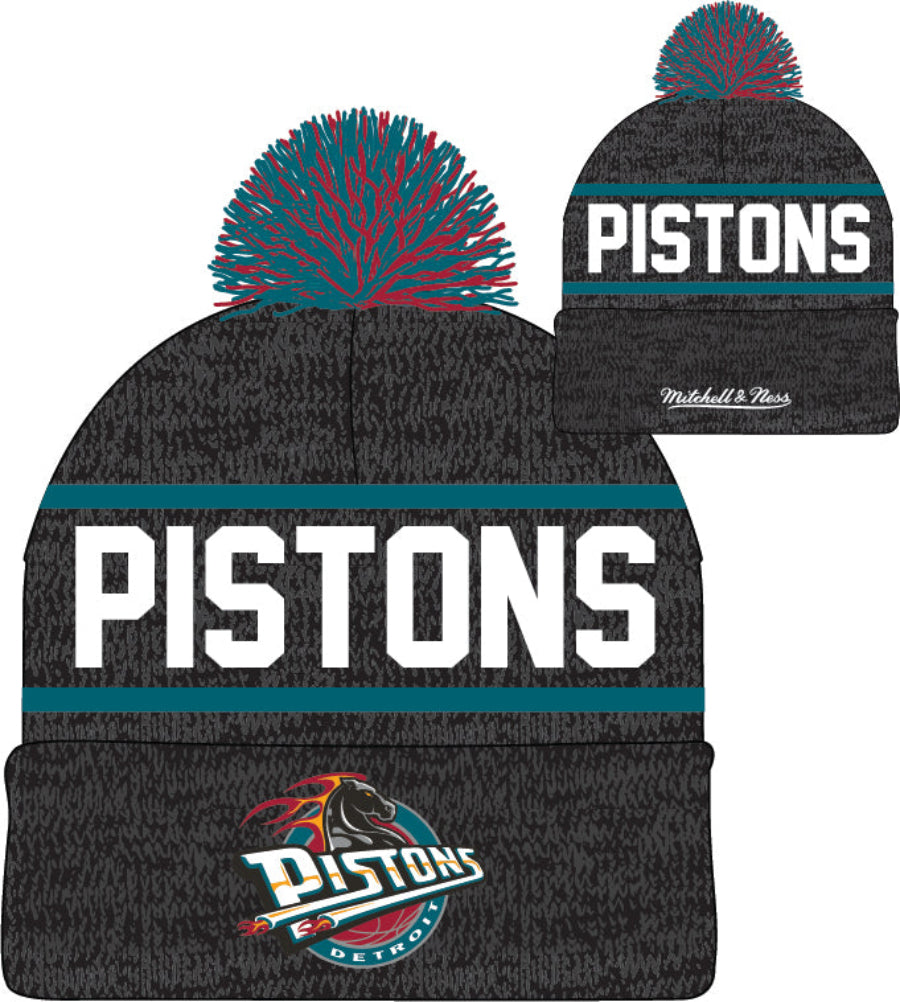 Detroit Pistons Mitchell & Ness NBA Reload 2.0 Gray Cuffed Pom Knit Hat - Pro Jersey Sports