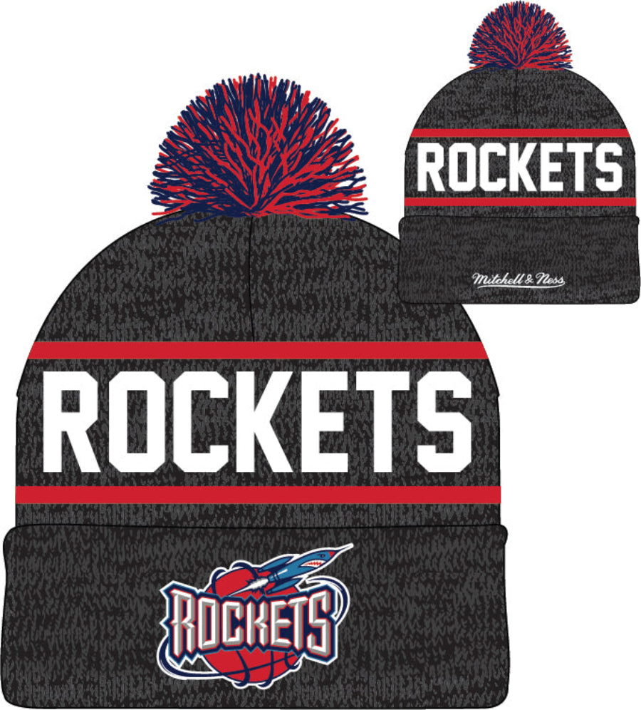 Houston Rockets Mitchell & Ness NBA Reload 2.0 Gray Cuffed Pom Knit Hat - Pro Jersey Sports