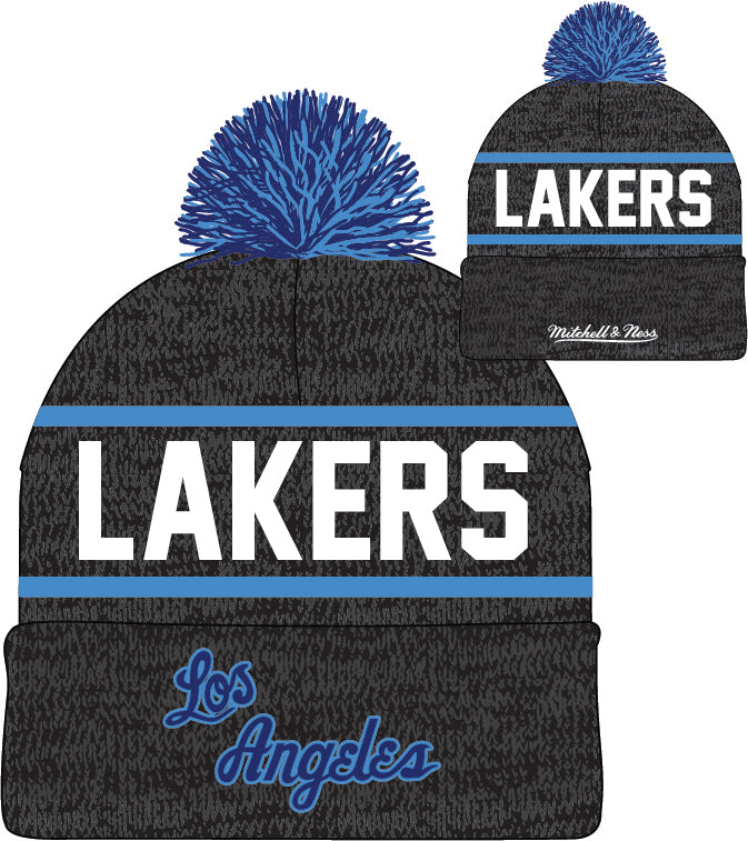 Los Angeles Lakers Mitchell & Ness NBA Reload 2.0 Gray Cuffed Pom Knit Hat - Pro Jersey Sports