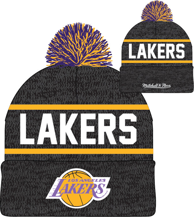 Los Angeles Lakers Mitchell & Ness NBA Reload 2.0 Gray Cuffed Pom Knit Hat - Pro Jersey Sports