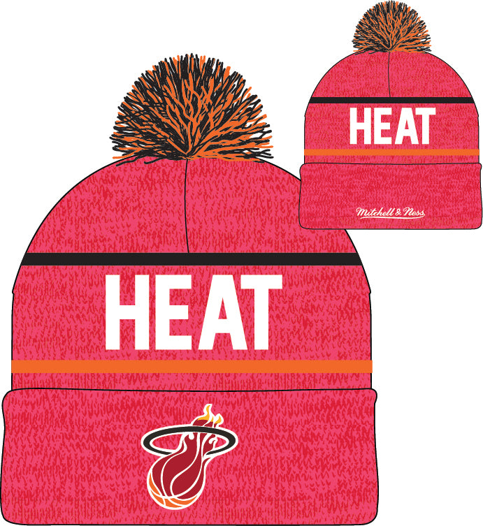 Miami Heat Mitchell & Ness NBA Reload 2.0 Pink Cuffed Pom Knit Hat - Pro Jersey Sports