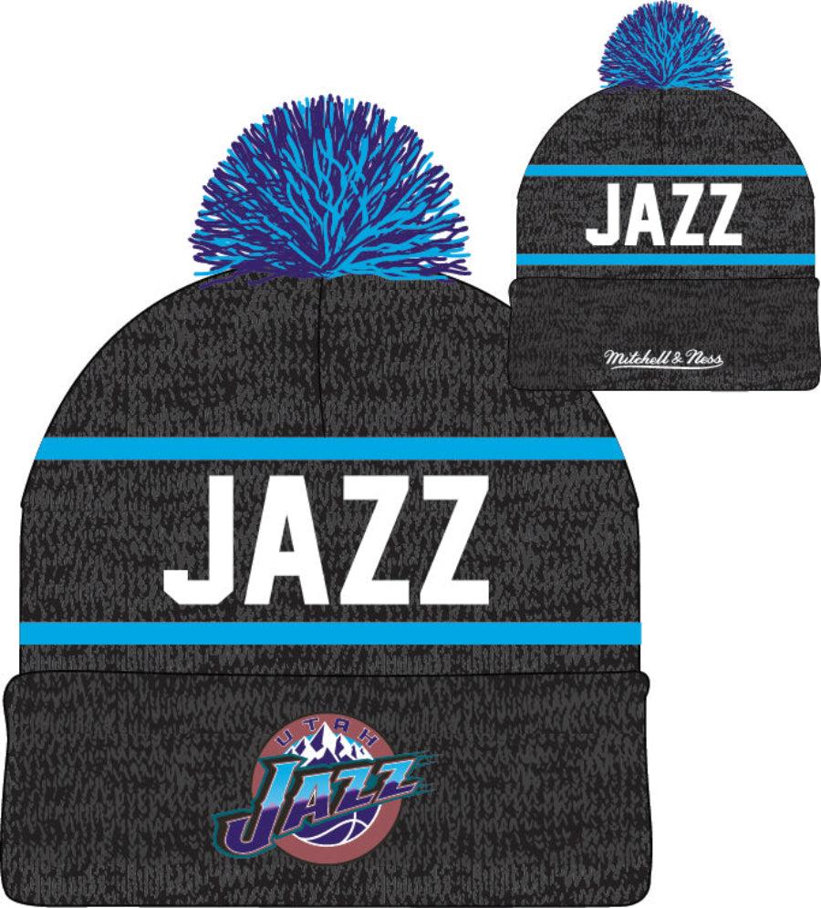 Utah Jazz Mitchell & Ness NBA Reload 2.0 Gray Cuffed Pom Knit Hat - Pro Jersey Sports