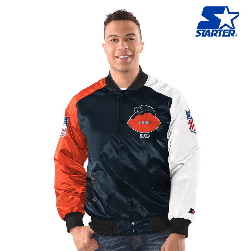 Men's Chicago Bears 1946 Logo Navy/Orange Varsity Starter Satin Jacket - Pro Jersey Sports