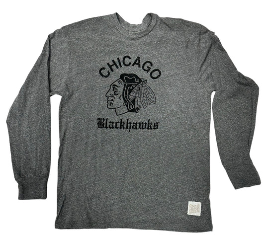 Men's Chicago Blackhawks Old English Gray Long Sleeve Tee