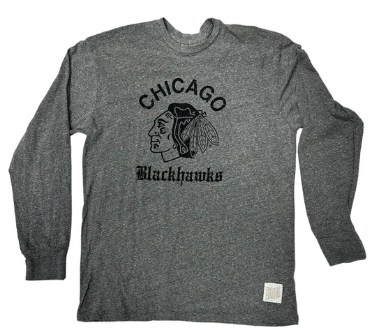 Men's Chicago Blackhawks Old English Gray Long Sleeve Tee - Pro Jersey Sports