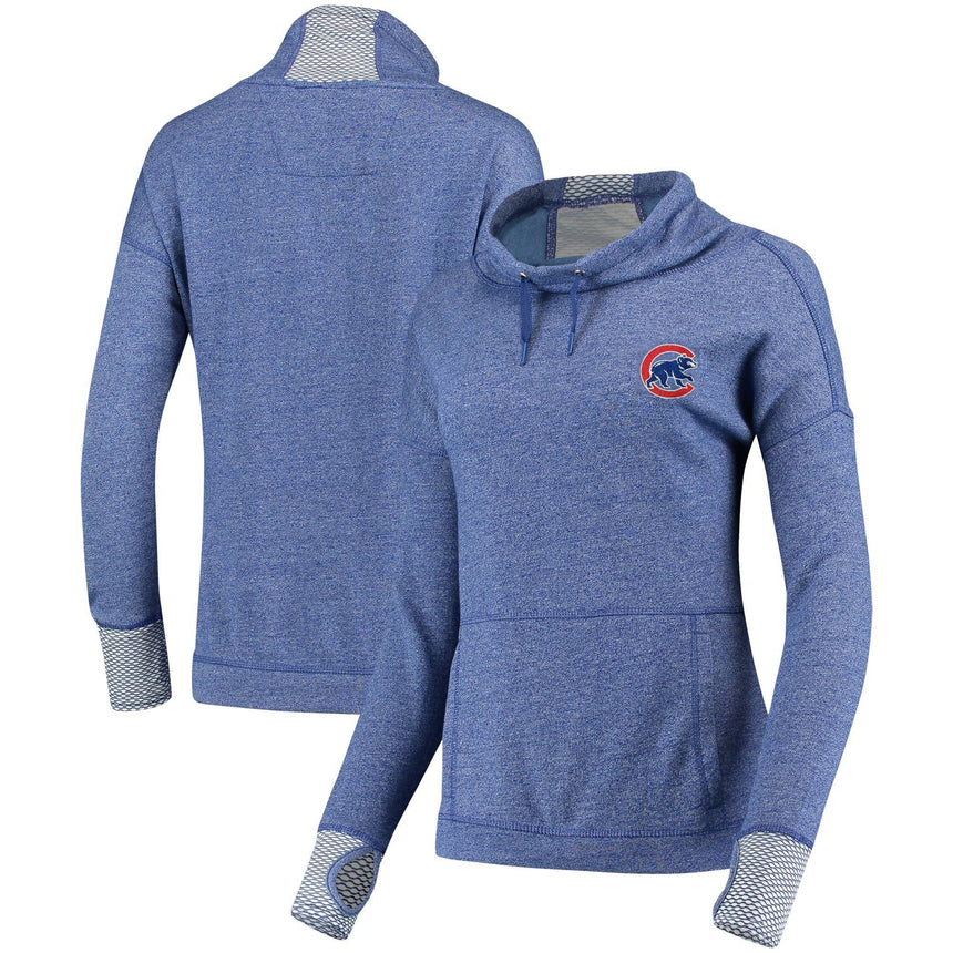 Chicago Cubs Antigua Women's Snap Cowl Neck Pullover Sweatshirt - Heathered Royal - Pro Jersey Sports