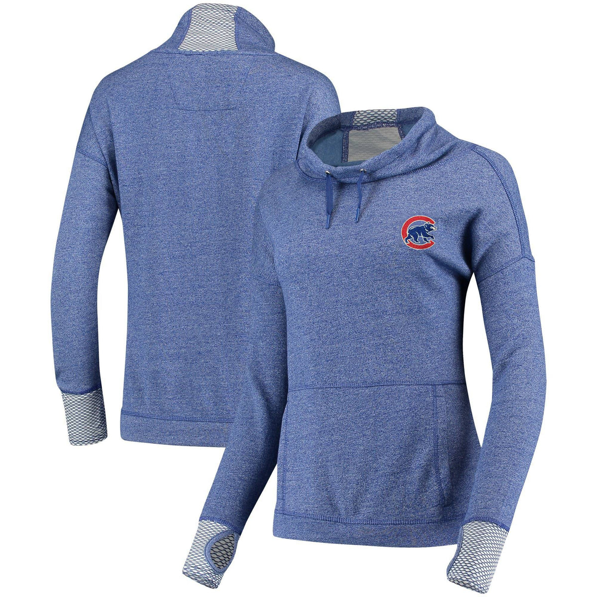 Chicago Cubs Antigua Women's Snap Cowl Neck Pullover Sweatshirt - Heathered Royal - Pro Jersey Sports