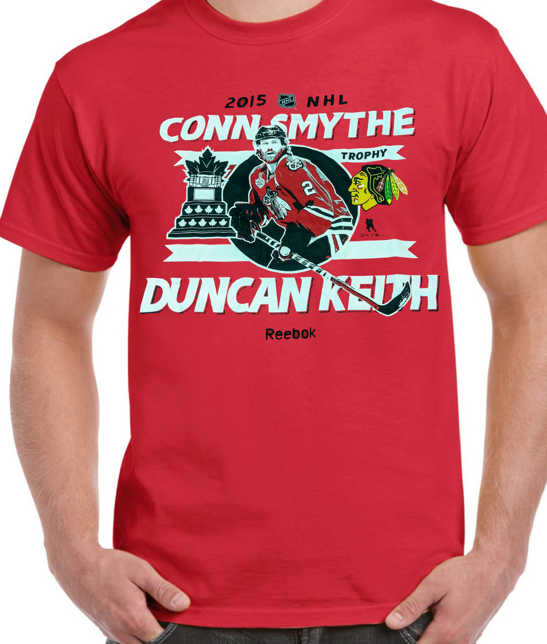 Mens Reebok Duncan Keith Conn Smythe MVP Chicago Blackhawks 2015 Stanley Cup Champions Red Tee - Pro Jersey Sports