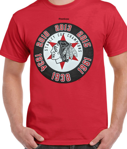 Men's Chicago Blackhawks Reebok Red 6 Time Champions Star Tee - Pro Jersey Sports