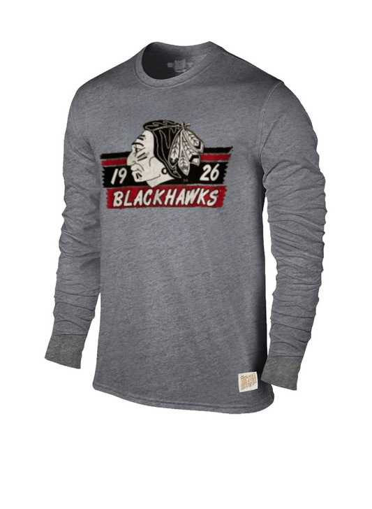 Mens Chicago Blackhawks Vintage Logo Gray Textured Tri Blend Long Sleeve Tee