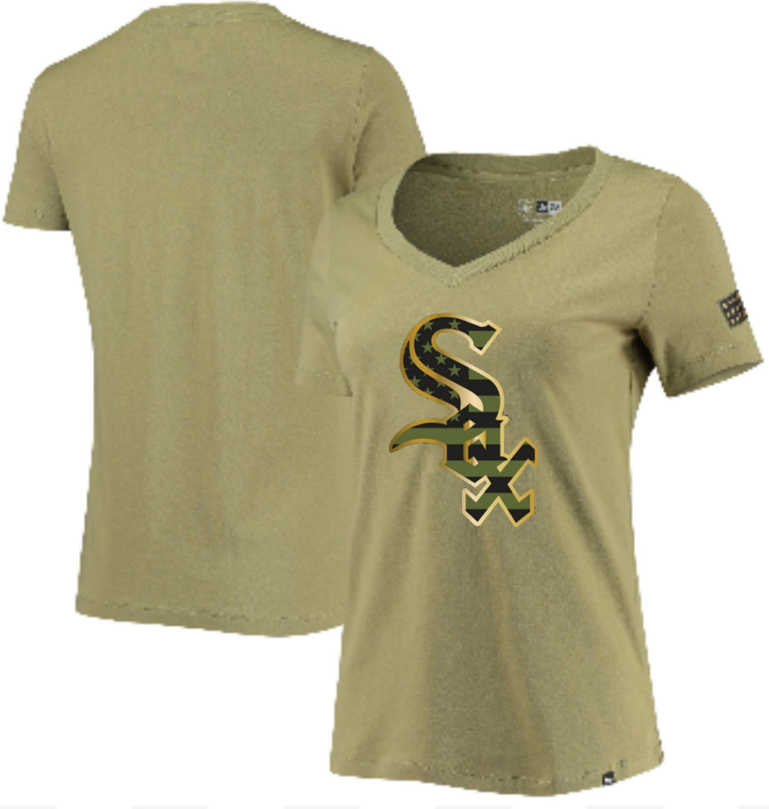 Women's Chicago White Sox 2022 Armed Forces Day Olive V-Neck T-Shirt - Pro Jersey Sports