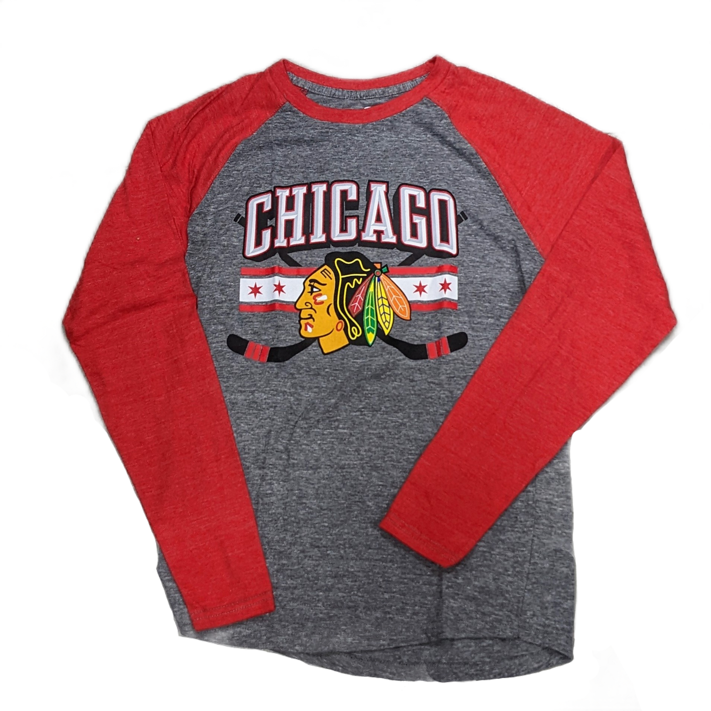 Men's Chicago Blackhawks Stars and Sticks Gray/Red Raglan Tri-Blend Long Sleeve T-Shirt - Pro Jersey Sports