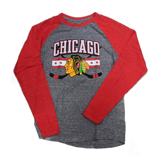 Men's Chicago Blackhawks Stars and Sticks Gray/Red Raglan Tri-Blend Long Sleeve T-Shirt - Pro Jersey Sports